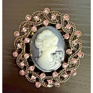 Vintage Cameo Brooch Black Gray Lady Pink Rhinestones Ornate Gold Tone